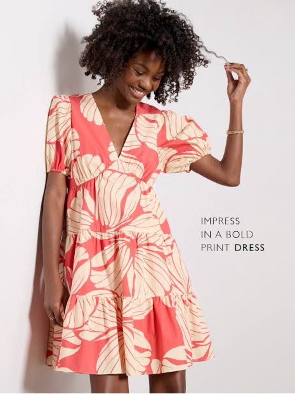 Hutch Coral and Cream Floral V-Neck Puff Sleeve Mini Dress